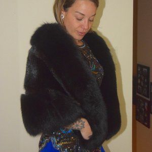 Mink cape stole with black fox fur trim